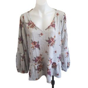 Maurices Gray Cozy Ribbed Ruffled Floral Bell Sleeve Peplum Sweater Blouse 1X